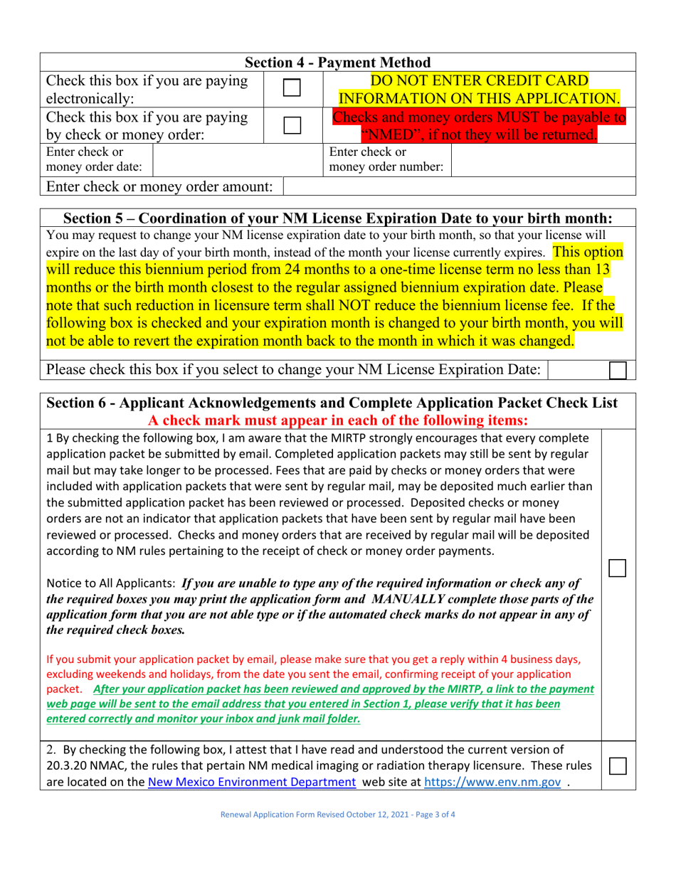New Mexico License Renewal Application Form for Medical Imaging or