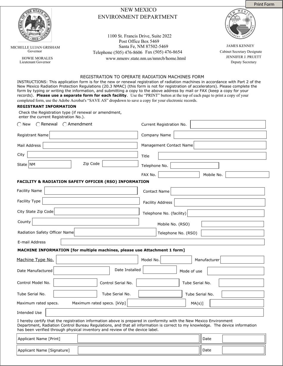 Registration to Operate Radiation Machines Form - New Mexico, Page 1