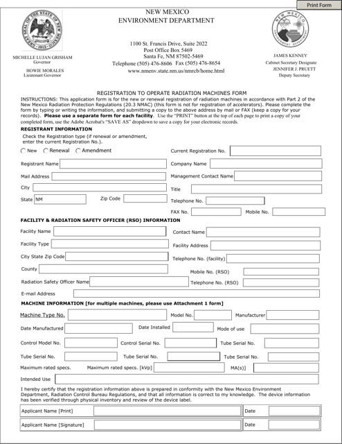 Registration to Operate Radiation Machines Form - New Mexico Download Pdf