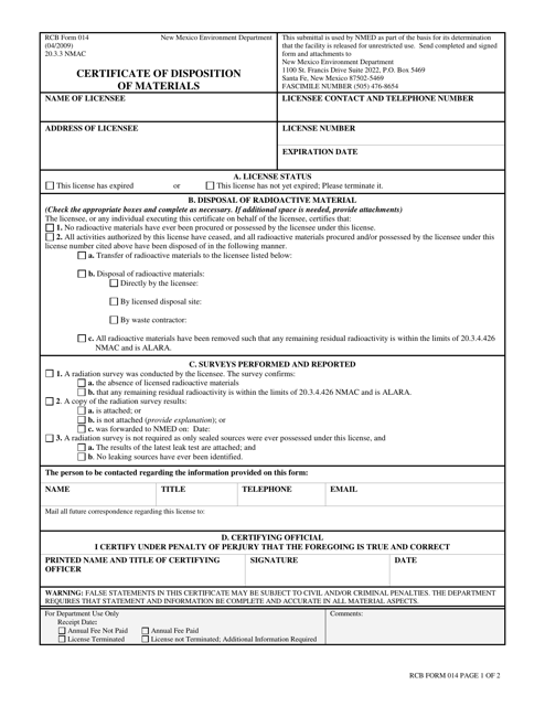 RCB Form 014  Printable Pdf