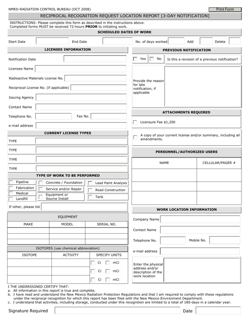 Reciprocal Recognition Request Location Report (3-day Notification) - New Mexico Download Pdf