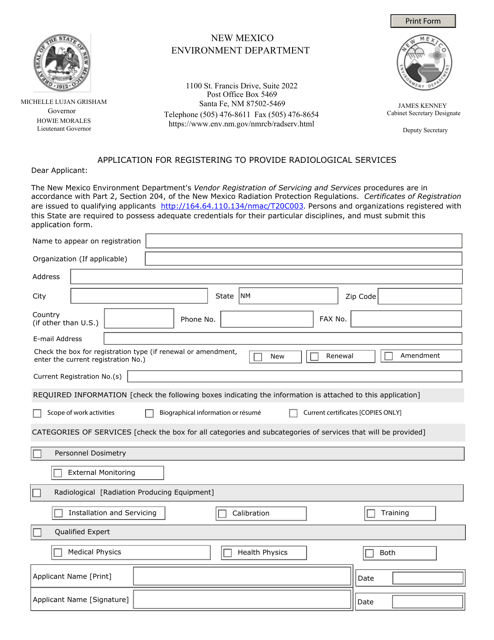 Application for Registering to Provide Radiological Services - New Mexico Download Pdf