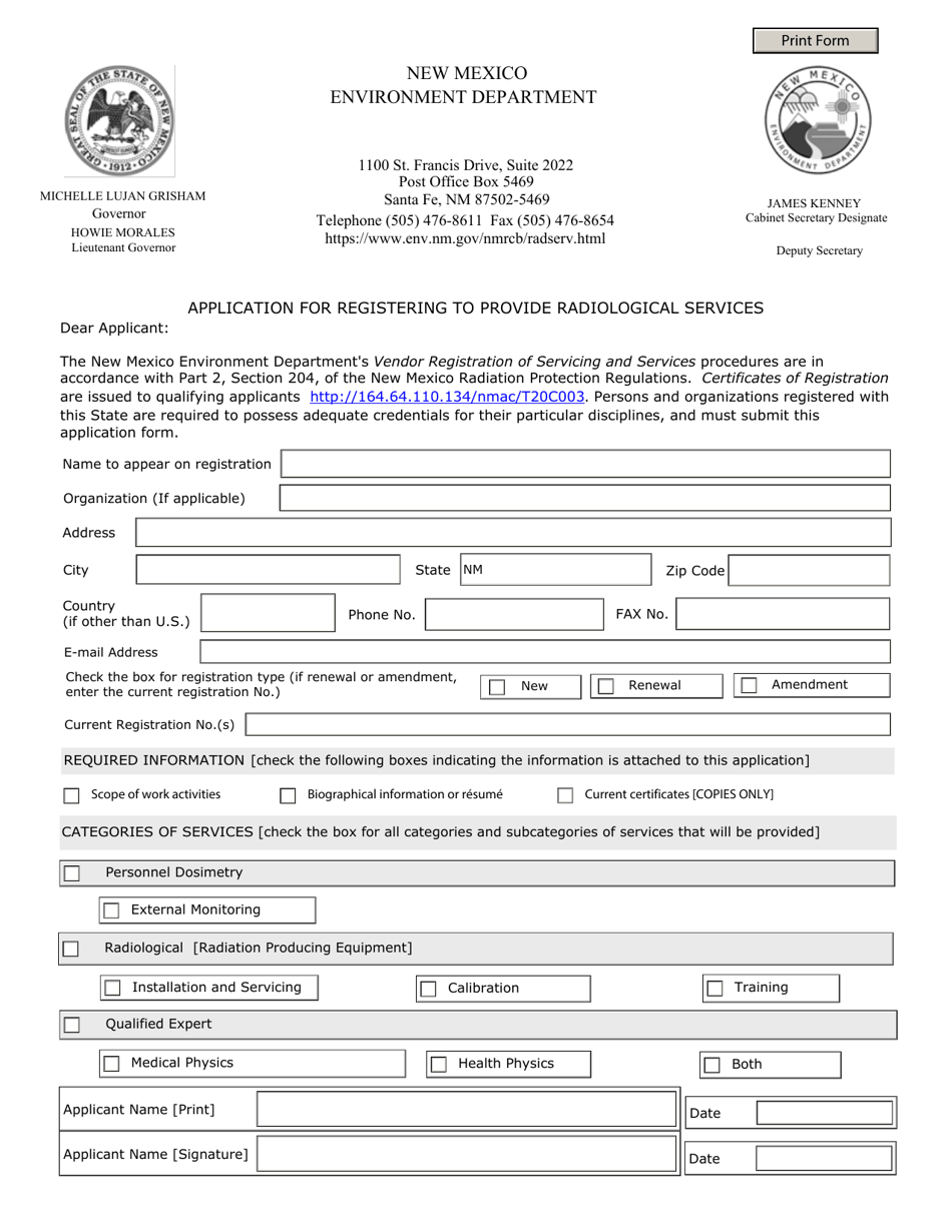 Application for Registering to Provide Radiological Services - New Mexico, Page 1