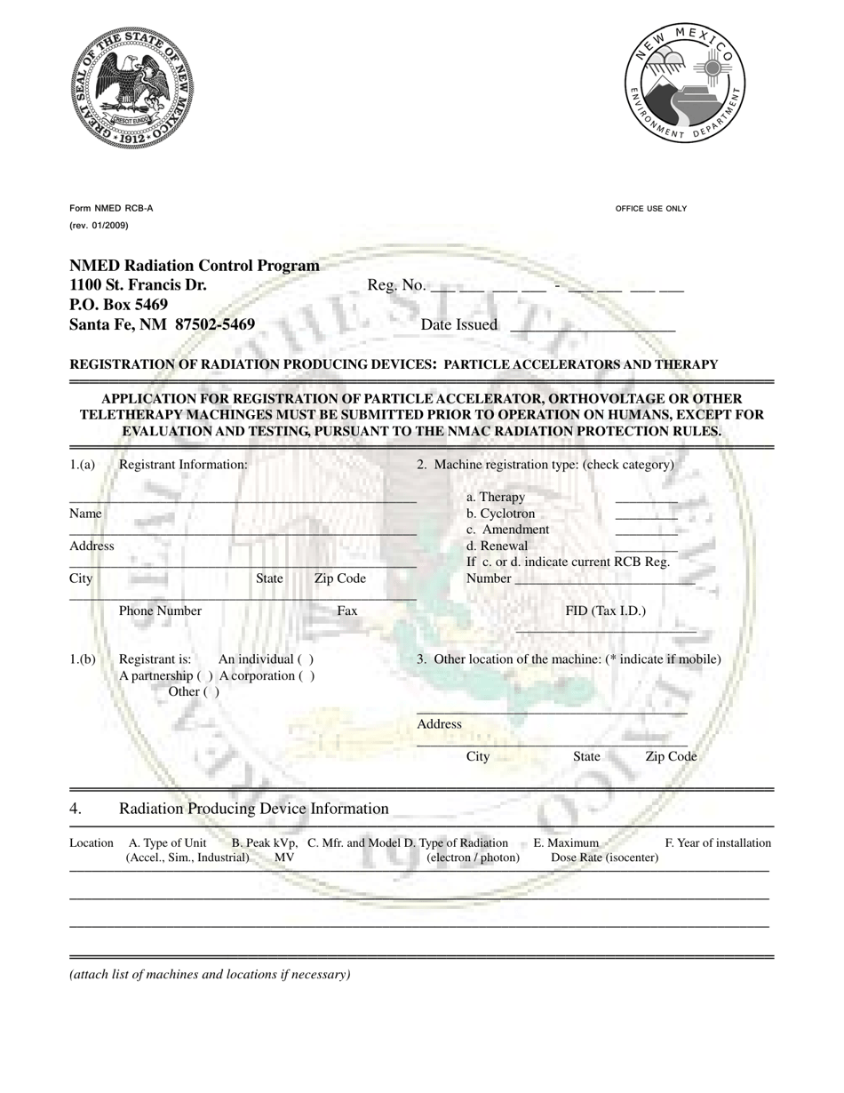 Form NMED RCB-A Registration of Radiation Producing Devices - Particle Accelerators and Therapy - New Mexico, Page 1