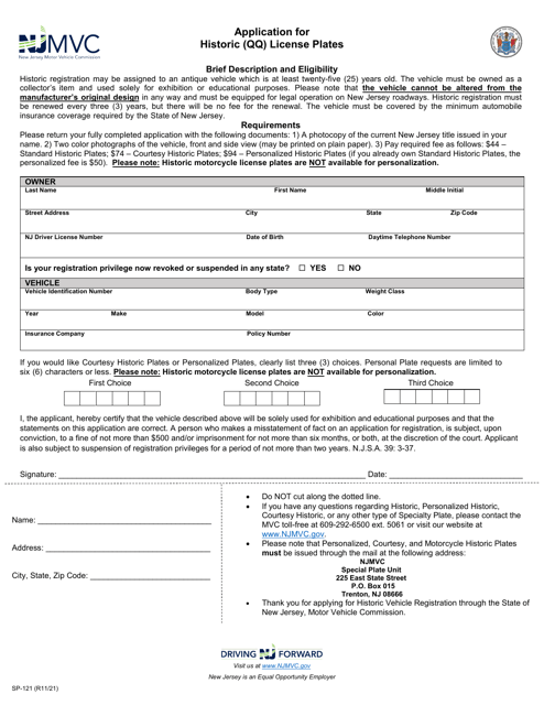 Form SP-121 Application for Historic (Qq) License Plates - New Jersey