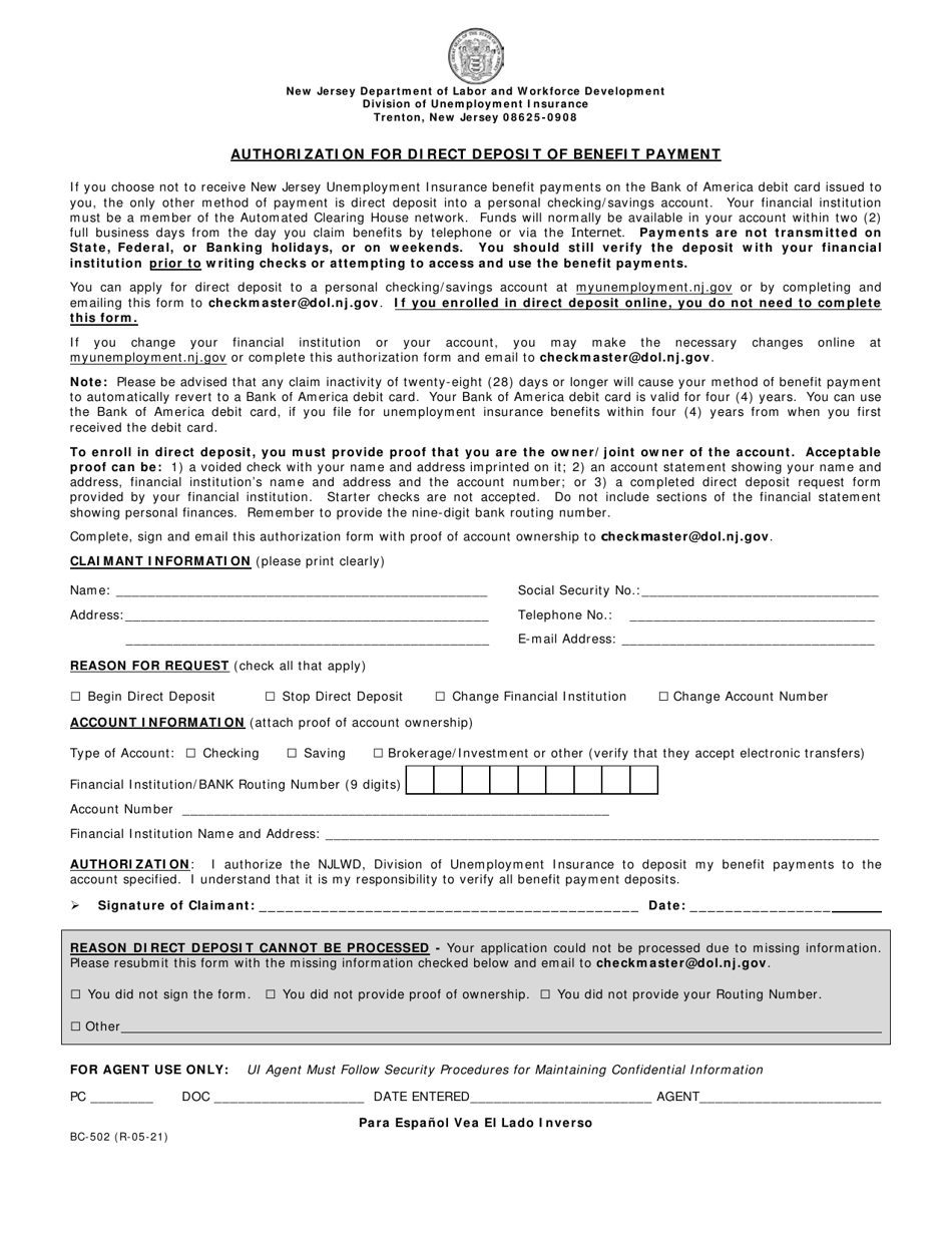 Form BC-502 Authorization for Direct Deposit of Benefit Payment - New Jersey (English / Spanish), Page 1