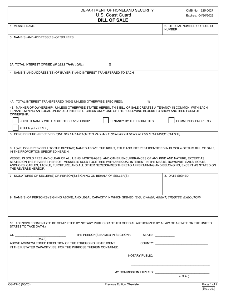 Form CG-1340 Bill of Sale, Page 1