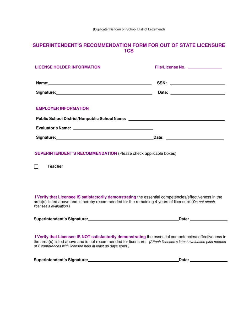 Superintendents Recommendation Form for out of State Licensure 1cs - New Mexico, Page 1