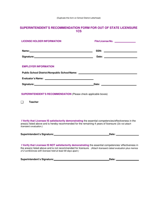Superintendent's Recommendation Form for out of State Licensure 1cs - New Mexico Download Pdf