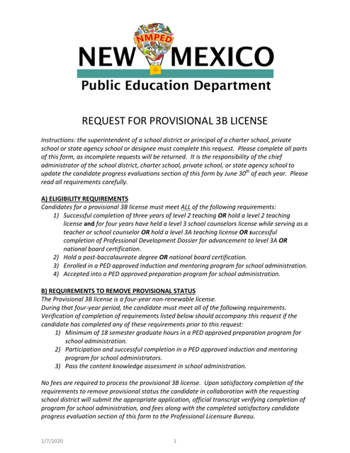Request for Provisional 3b License - New Mexico