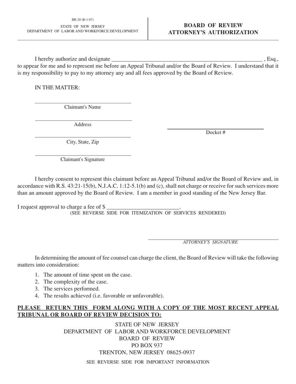 Form BR-20 Board of Review Attorneys Authorization - New Jersey, Page 1