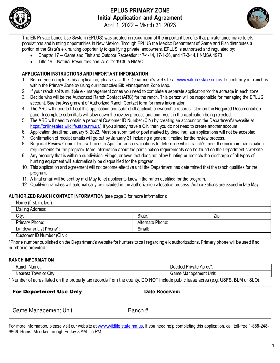 Initial Application and Agreement Primary Zone - New Mexico, Page 1