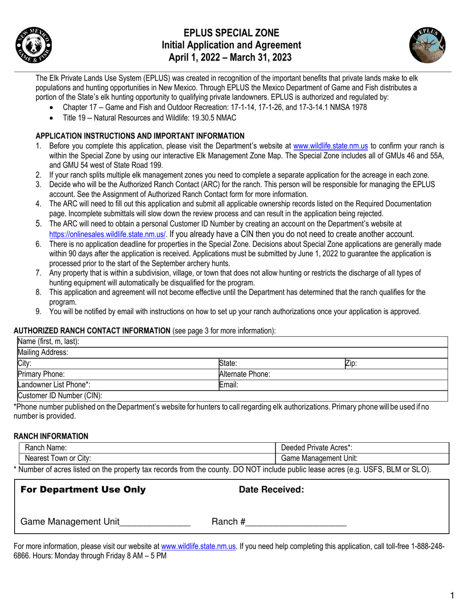 Initial Application and Agreement Special Zone - New Mexico, Page 1