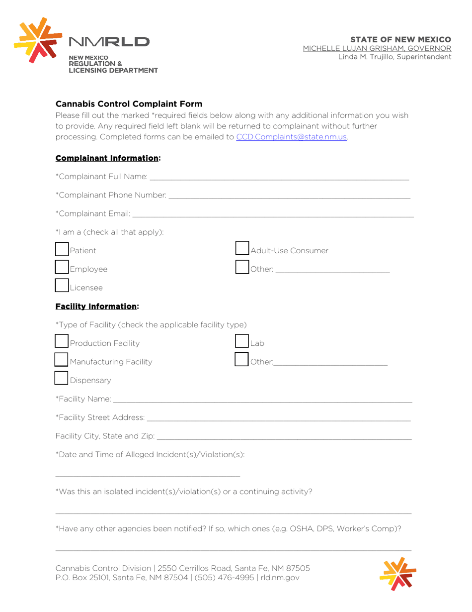 Cannabis Control Complaint Form - New Mexico, Page 1