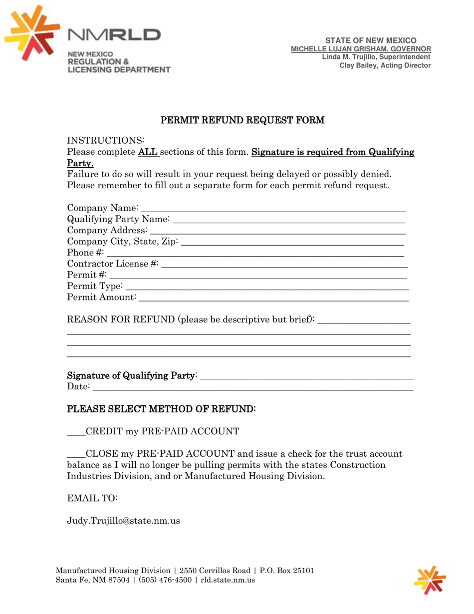Permit Refund Request Form - New Mexico, Page 1