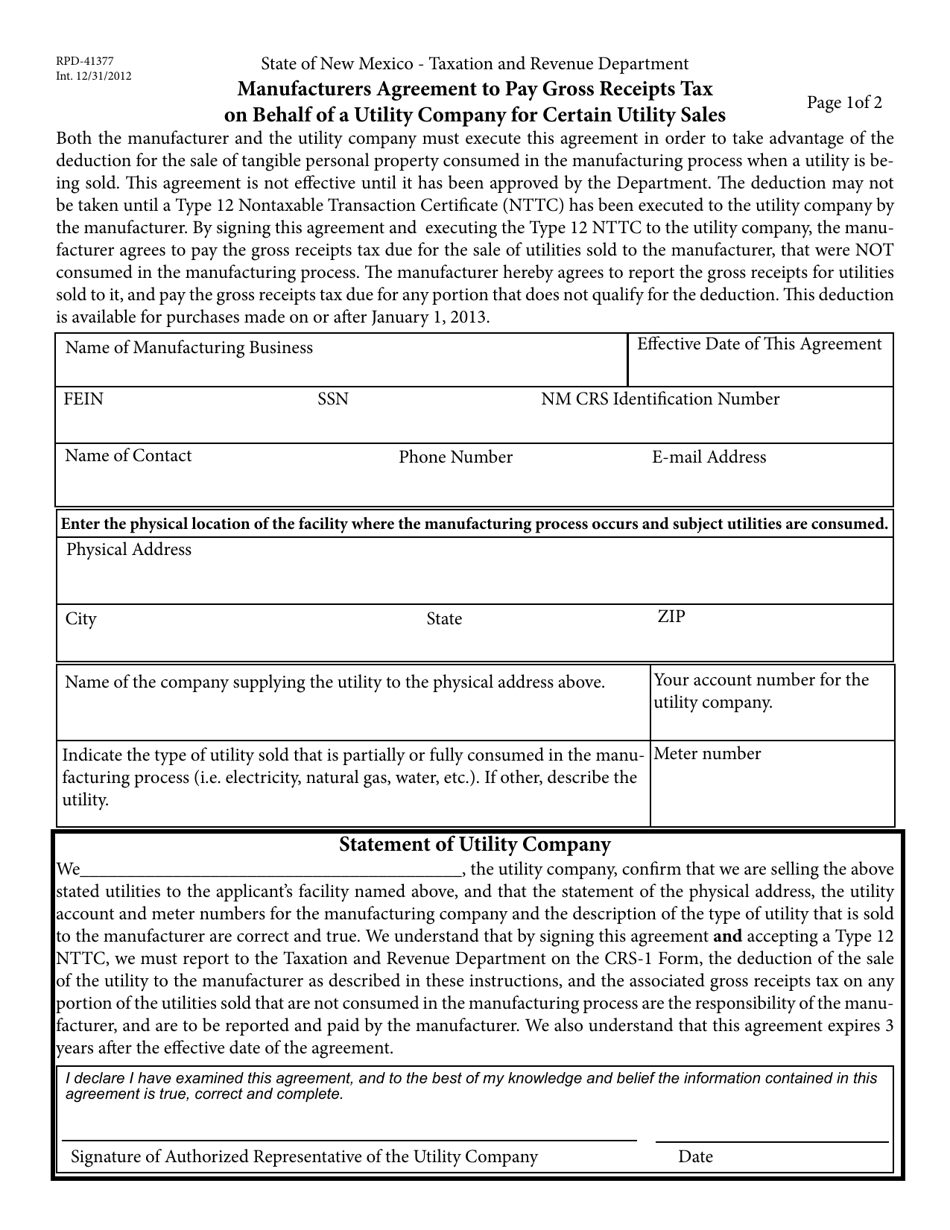 Form RPD-41377 Manufacturers Agreement to Pay Gross Receipts Tax on Behalf of a Utility Company for Certain Utility Sales - New Mexico, Page 1