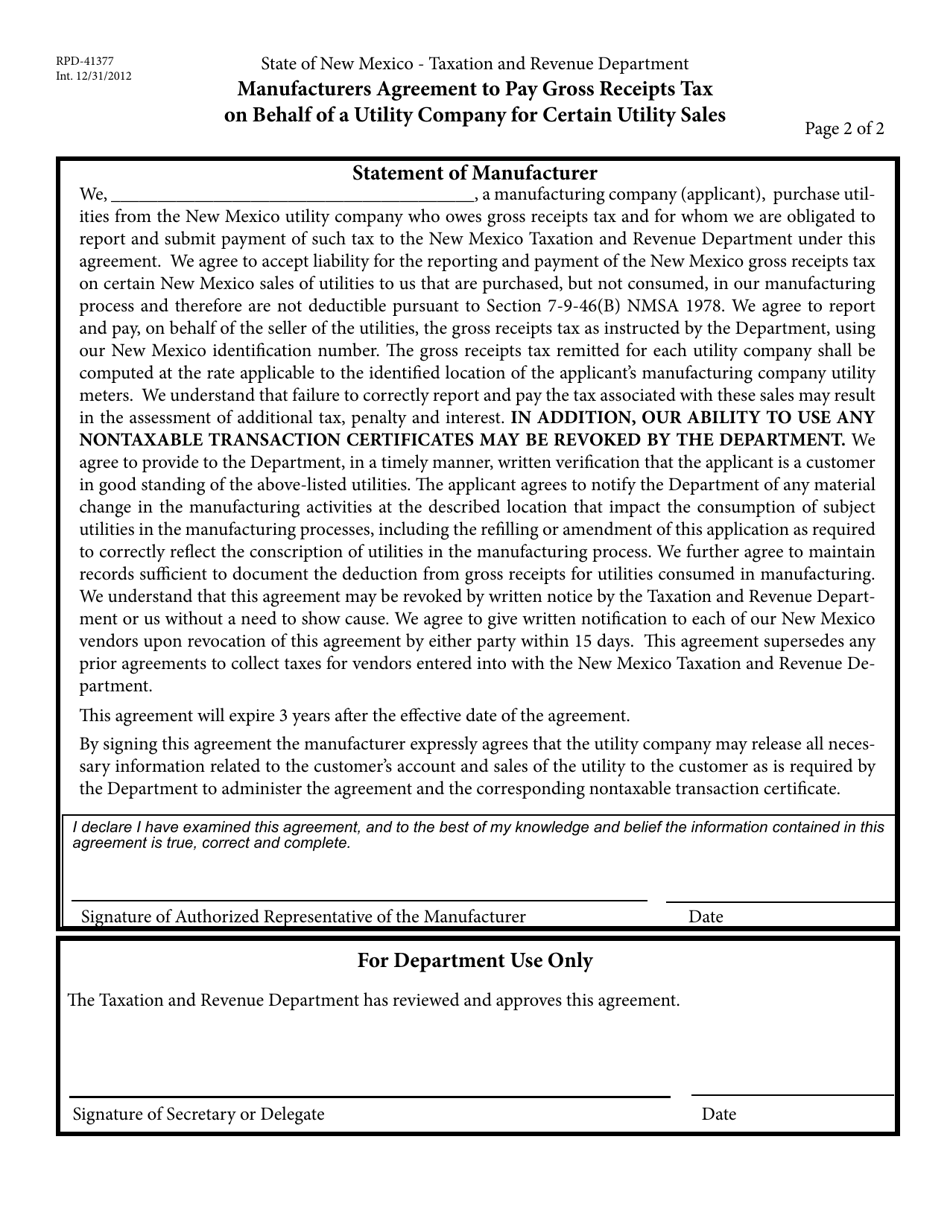 Form RPD-41377 Manufacturers Agreement to Pay Gross Receipts Tax on Behalf of a Utility Company for Certain Utility Sales - New Mexico, Page 2