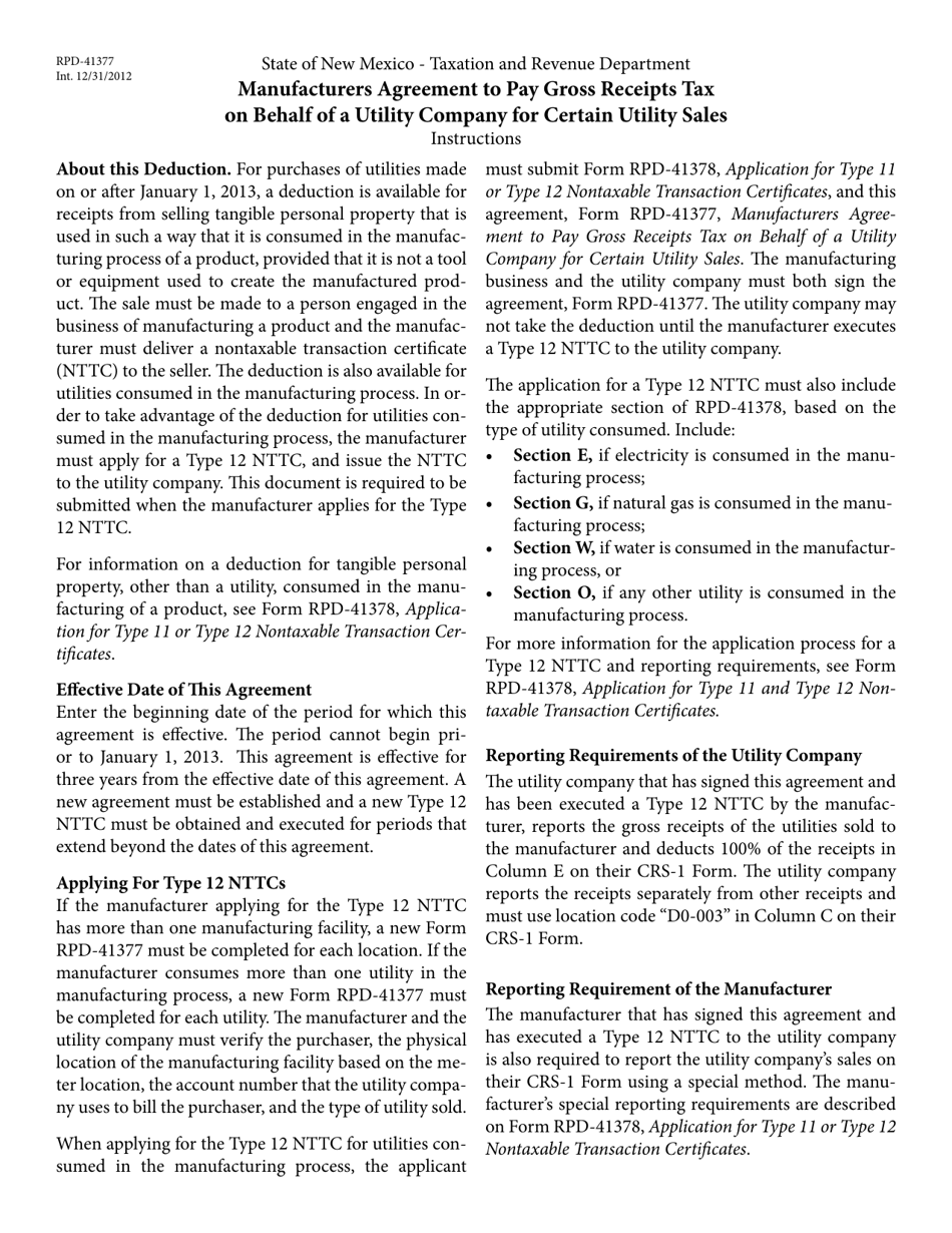 Form RPD-41377 Manufacturers Agreement to Pay Gross Receipts Tax on Behalf of a Utility Company for Certain Utility Sales - New Mexico, Page 3