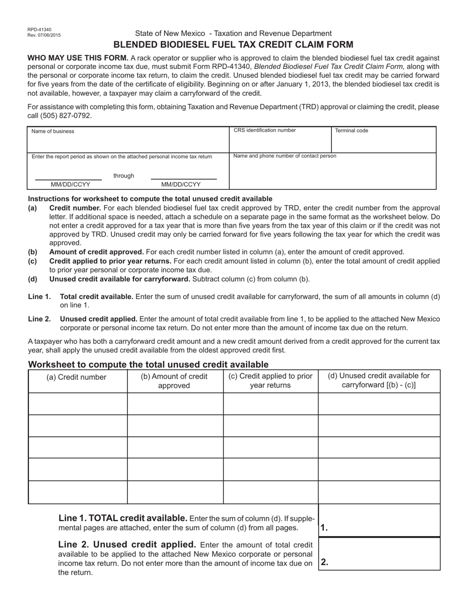 Form RPD-41340 Blended Biodiesel Fuel Tax Credit Claim Form - New Mexico, Page 1