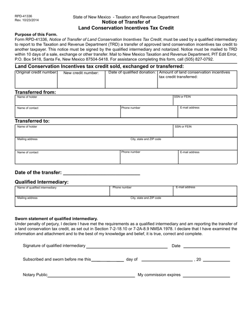 Form RPD-41336 Notice of Transfer of Land Conservation Incentives Tax Credit - New Mexico