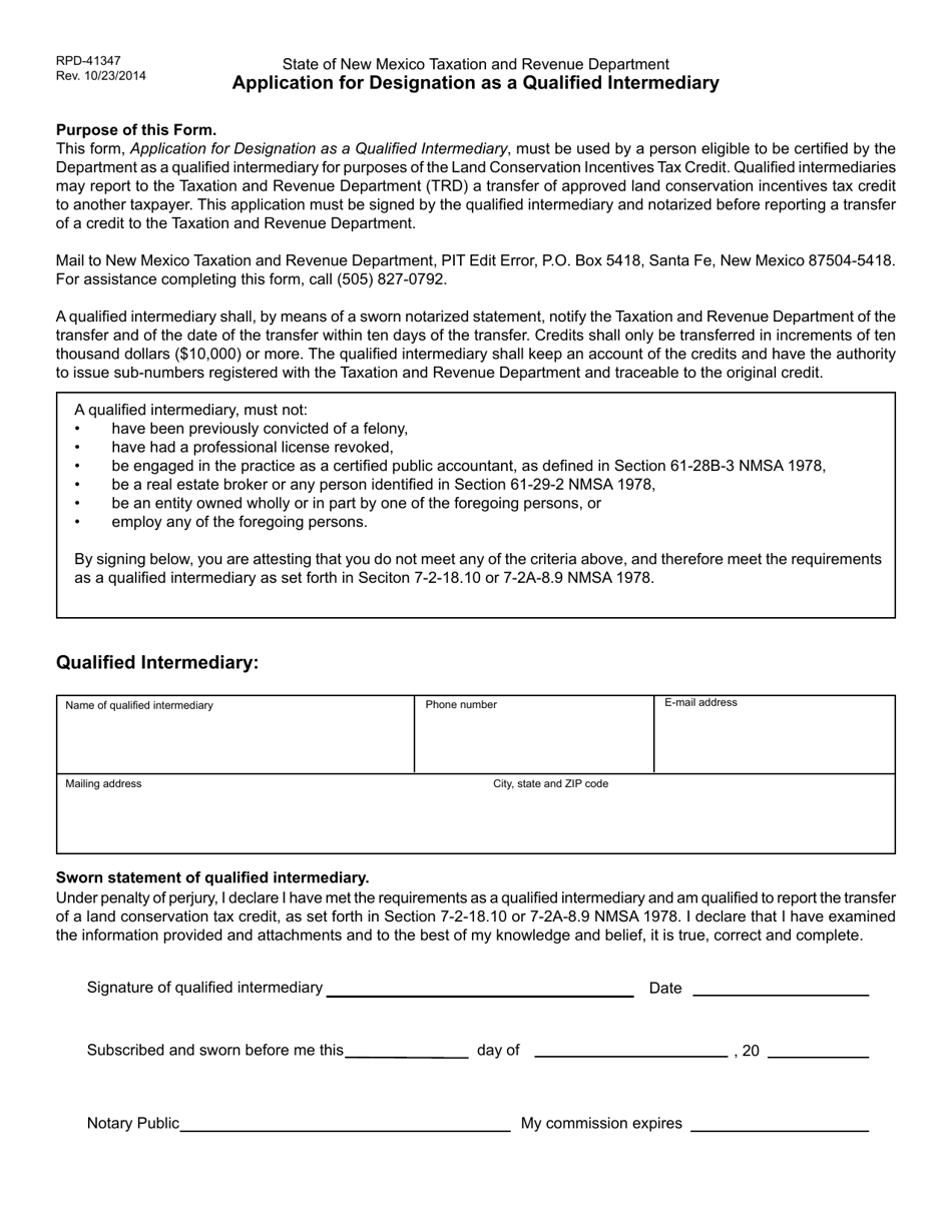 Form RPD-41347 Application for Designation as a Qualified Intermediary - New Mexico, Page 1