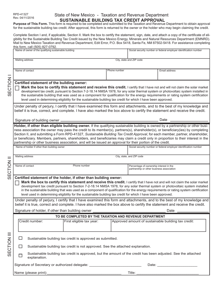 Form RPD-41327 Sustainable Building Tax Credit Approval - New Mexico, Page 1
