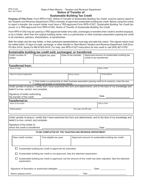 Form RPD-41342 Notice of Transfer of Sustainable Building Tax Credit - New Mexico