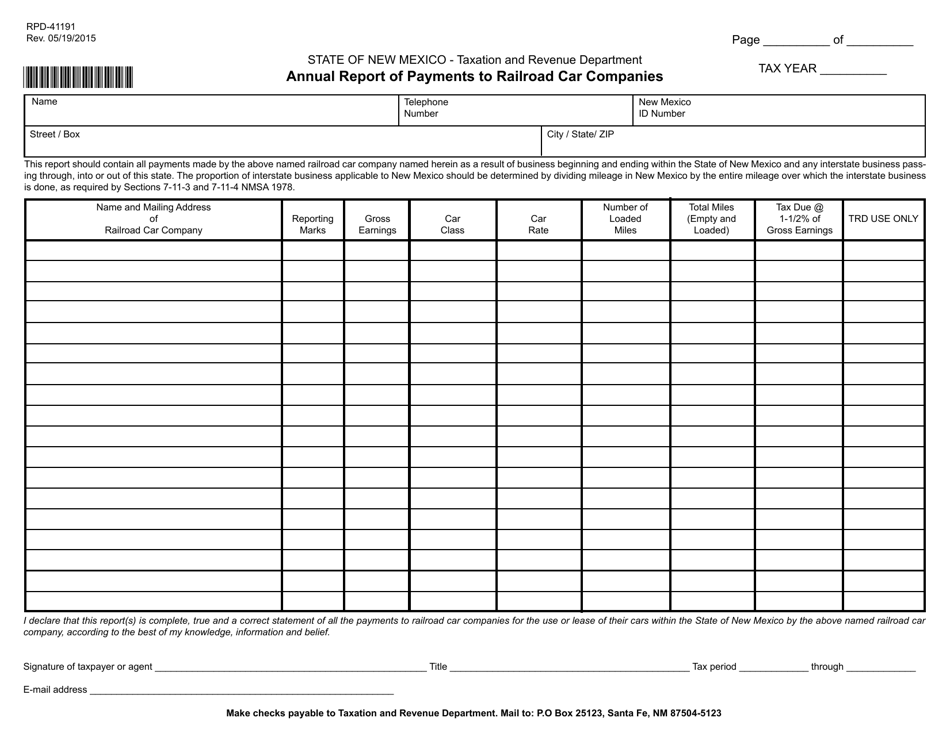 Form RPD-41191 Annual Report of Payments to Railroad Car Companies - New Mexico, Page 2