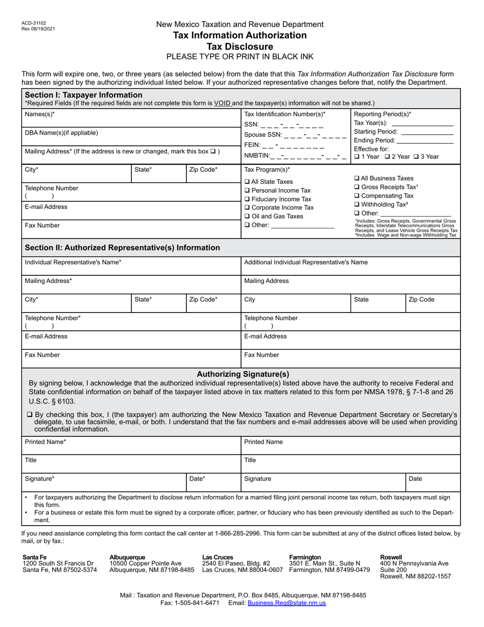 Form ACD-31102 Tax Information Authorization Tax Disclosure - New Mexico, Page 1