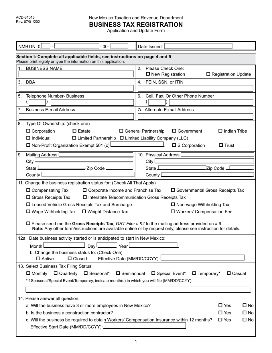 Form ACD-31015 Business Tax Registration Application and Update Form - New Mexico, Page 1