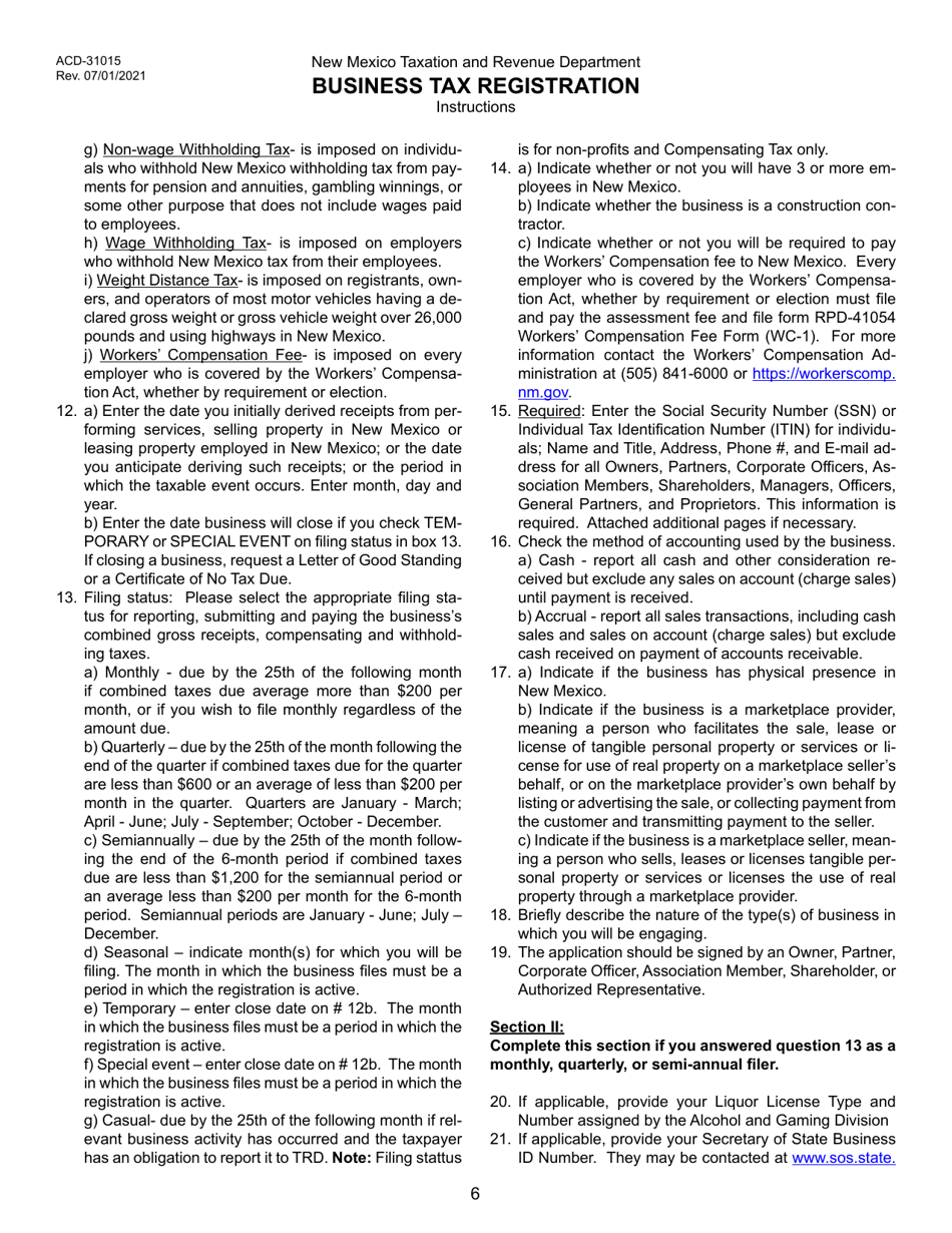 Form ACD-31015 Business Tax Registration Application and Update Form - New Mexico, Page 6