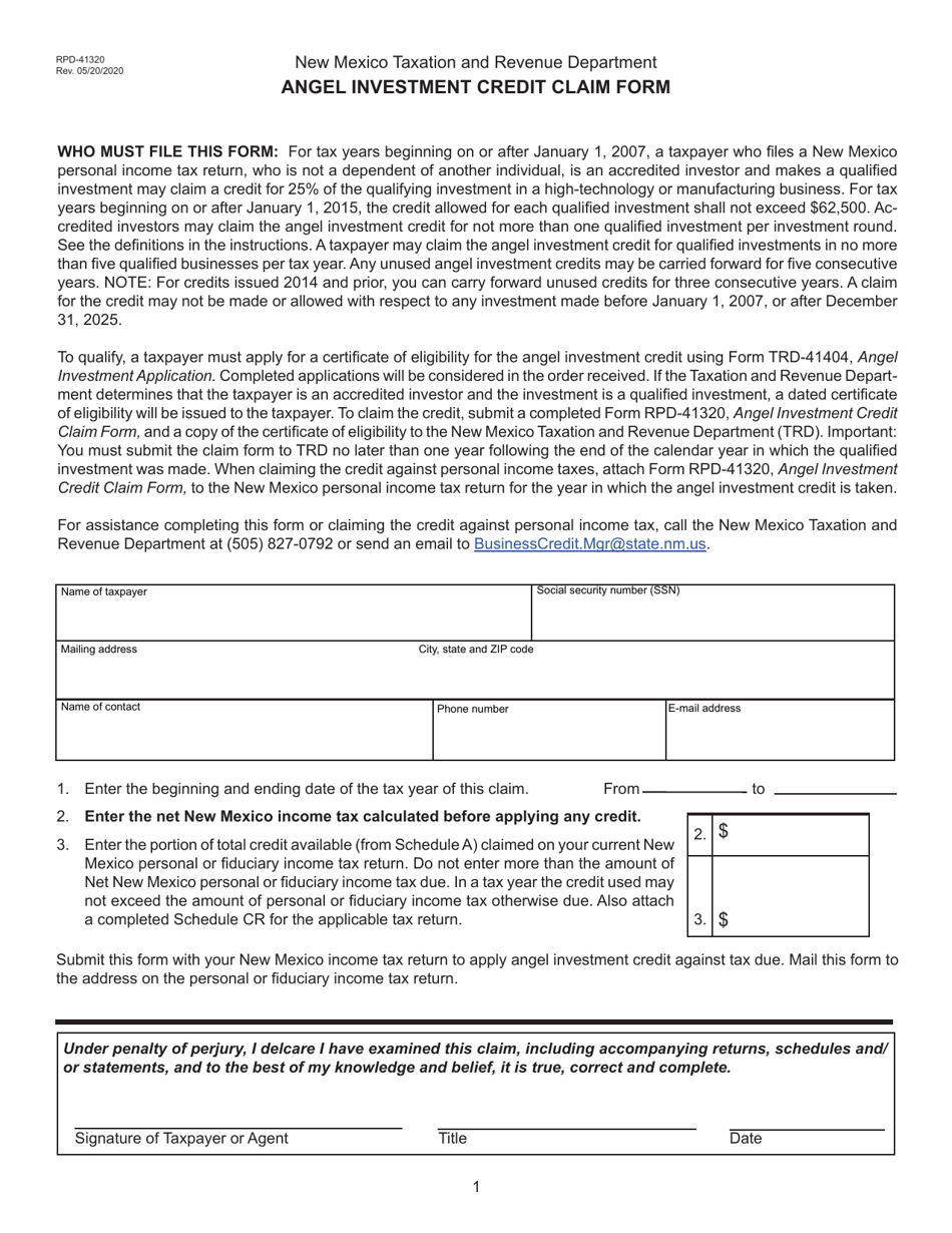 Form RPD-41320 Angel Investment Credit Claim Form - New Mexico, Page 1
