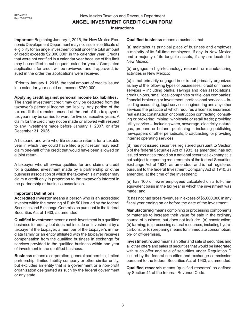 Form RPD-41320 Angel Investment Credit Claim Form - New Mexico, Page 3