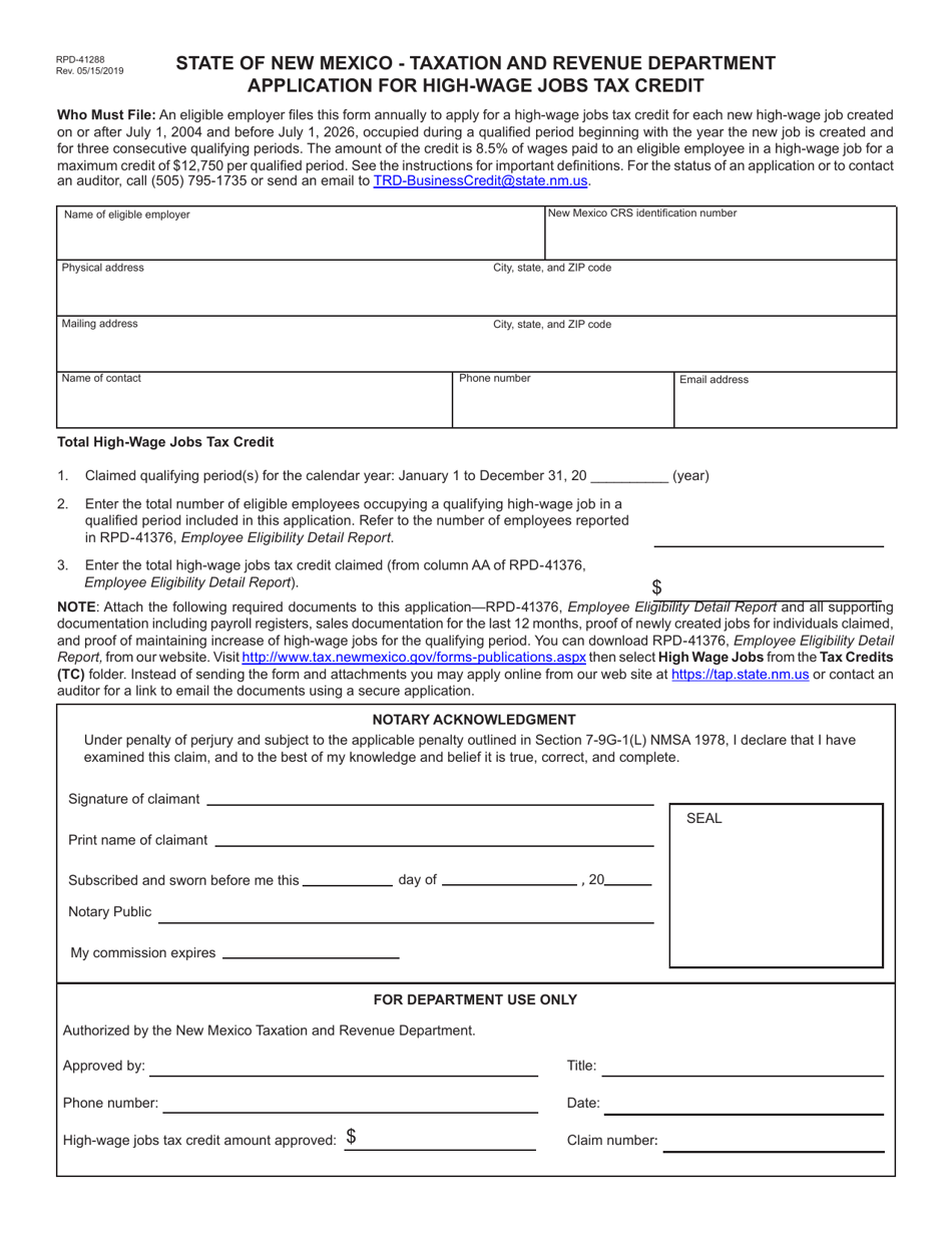 Form RPD-41288 Application for High-Wage Jobs Tax Credit - New Mexico, Page 1