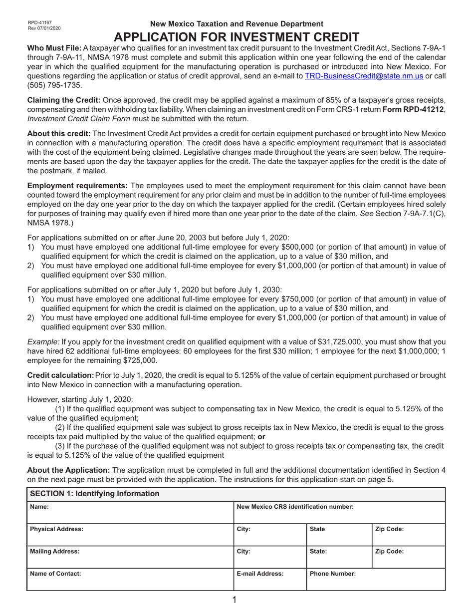 Form RPD-41167 Application for Investment Credit - New Mexico, Page 1