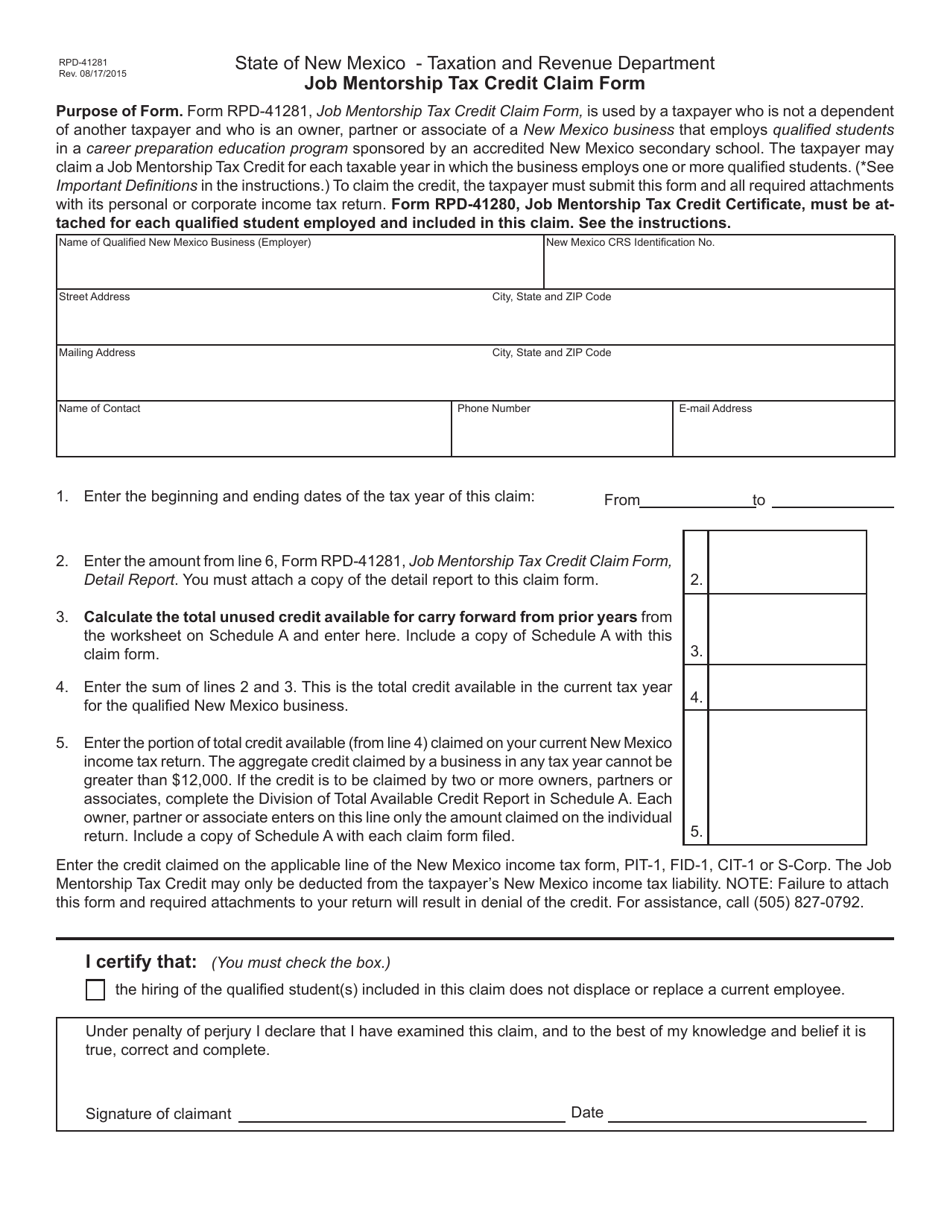 Form RPD-41281 Job Mentorship Tax Credit Claim Form - New Mexico, Page 1