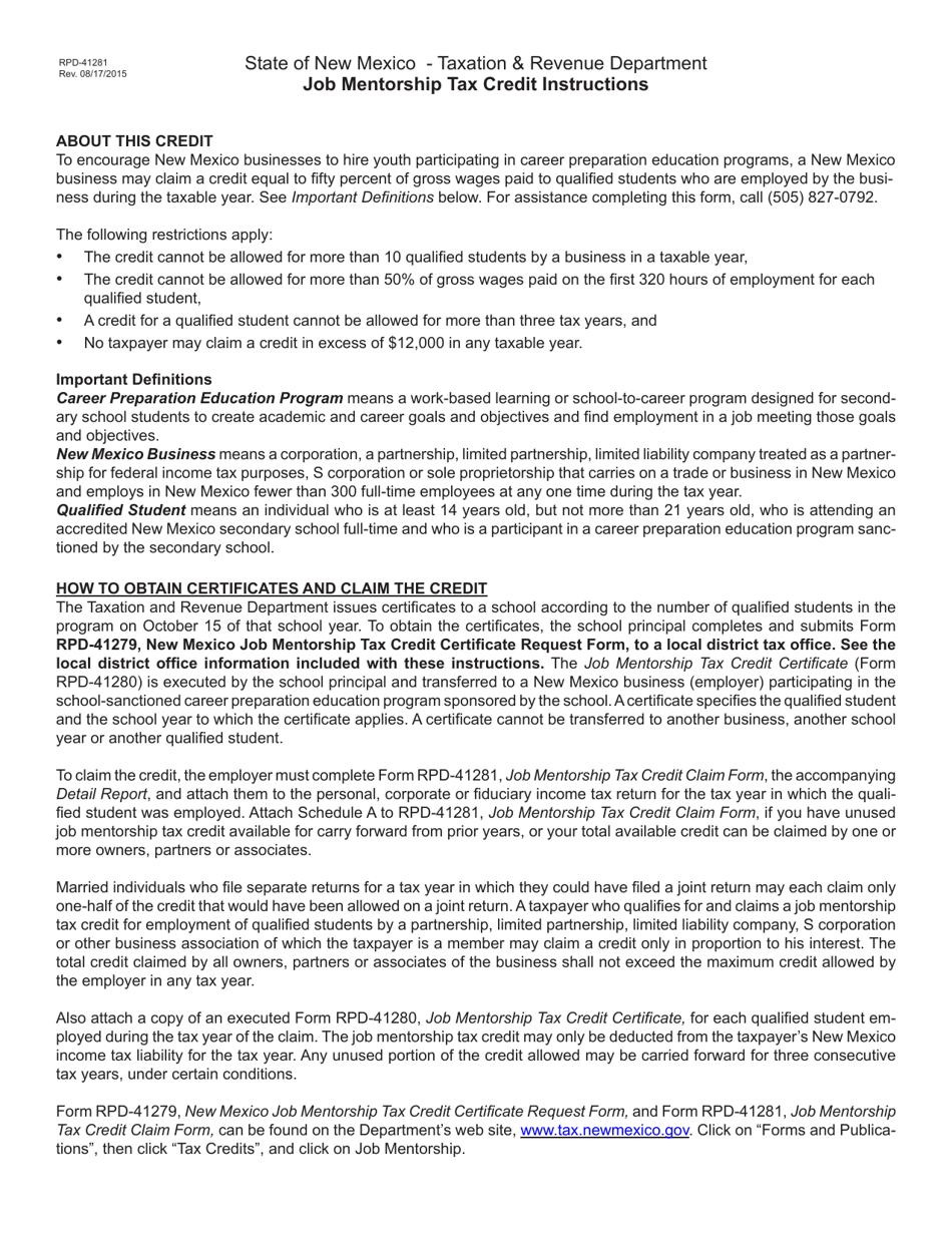 Form RPD-41281 Job Mentorship Tax Credit Claim Form - New Mexico, Page 3