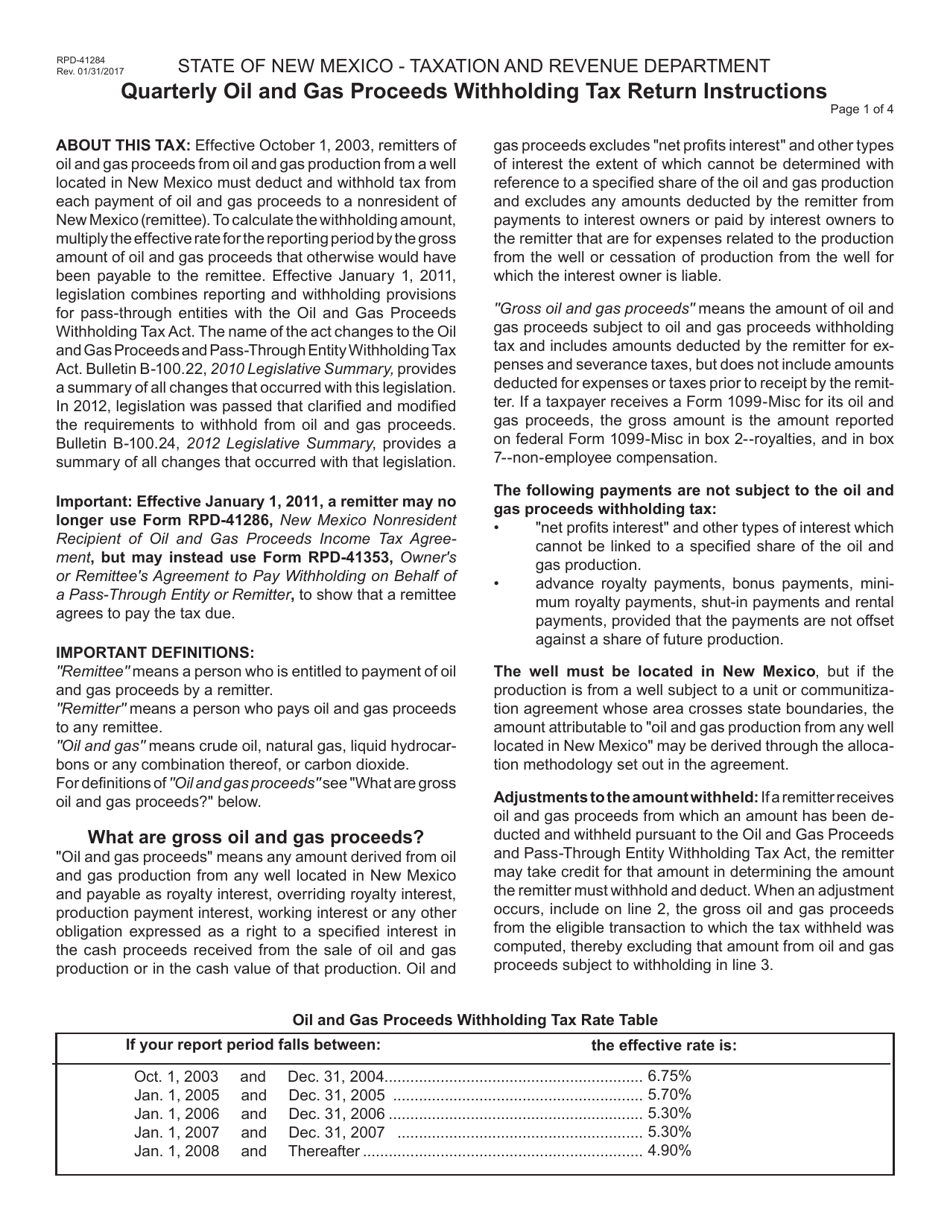 Form RPD-41284 Quarterly Oil and Gas Proceeds Withholding Tax Return - New Mexico, Page 2
