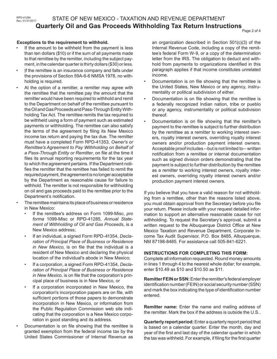 Form RPD-41284 Quarterly Oil and Gas Proceeds Withholding Tax Return - New Mexico, Page 3
