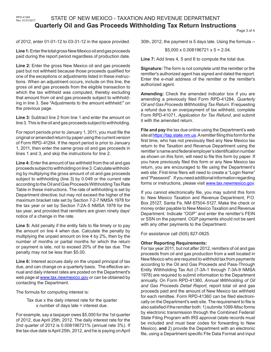 Form RPD-41284 Quarterly Oil and Gas Proceeds Withholding Tax Return - New Mexico, Page 4
