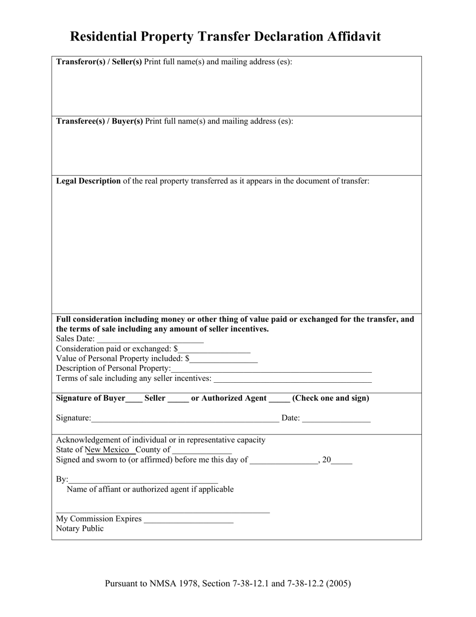 New Mexico Residential Property Transfer Declaration Affidavit - Fill ...