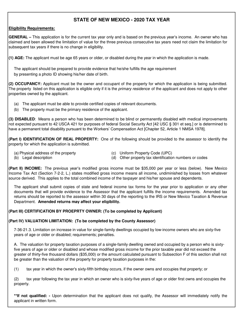 Application-Limitation on Increase in Value for Single Family Dwellings Occupied by Low Income Owners 65 Years of Age or Older or Disabled - New Mexico, Page 2