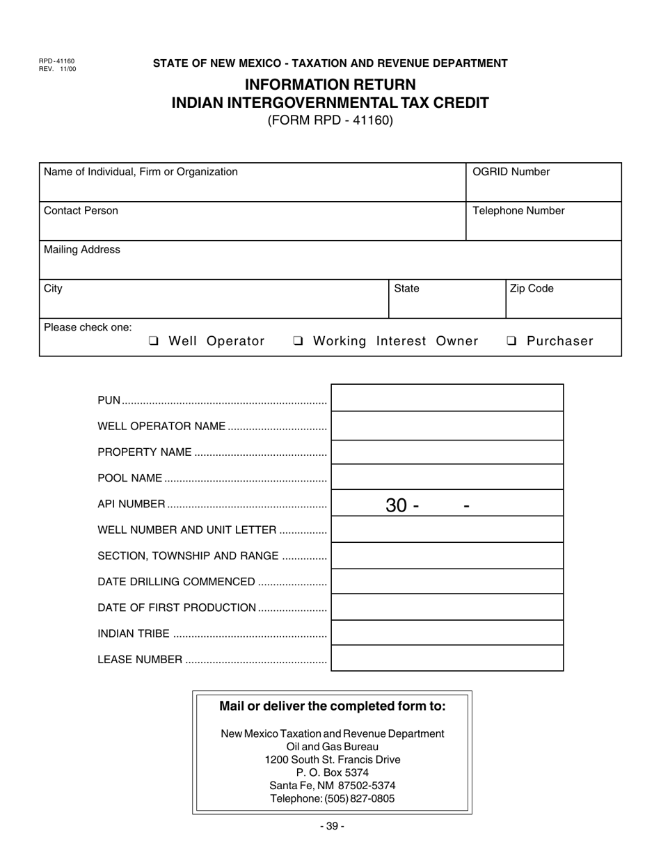 Form RPD-41160 Indian Intergovernmental Tax Credit - New Mexico, Page 1
