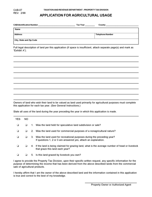 Form CAB-07 Application for Agricultural Usage - New Mexico