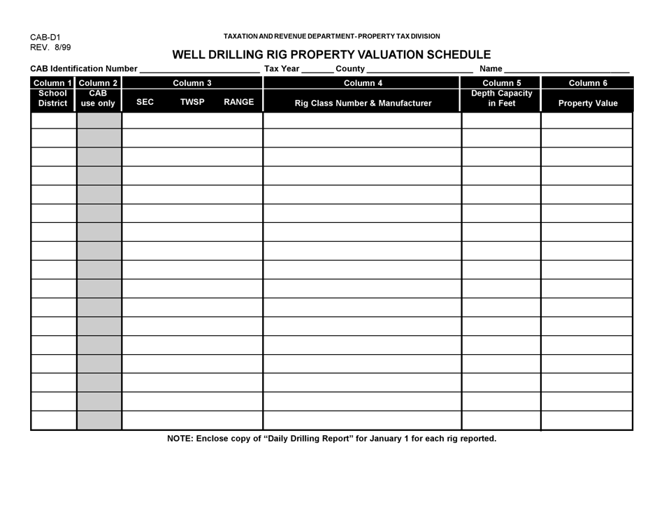 Form CAB-D1 Well Drilling Rig Property Valuation Schedule - New Mexico, Page 1