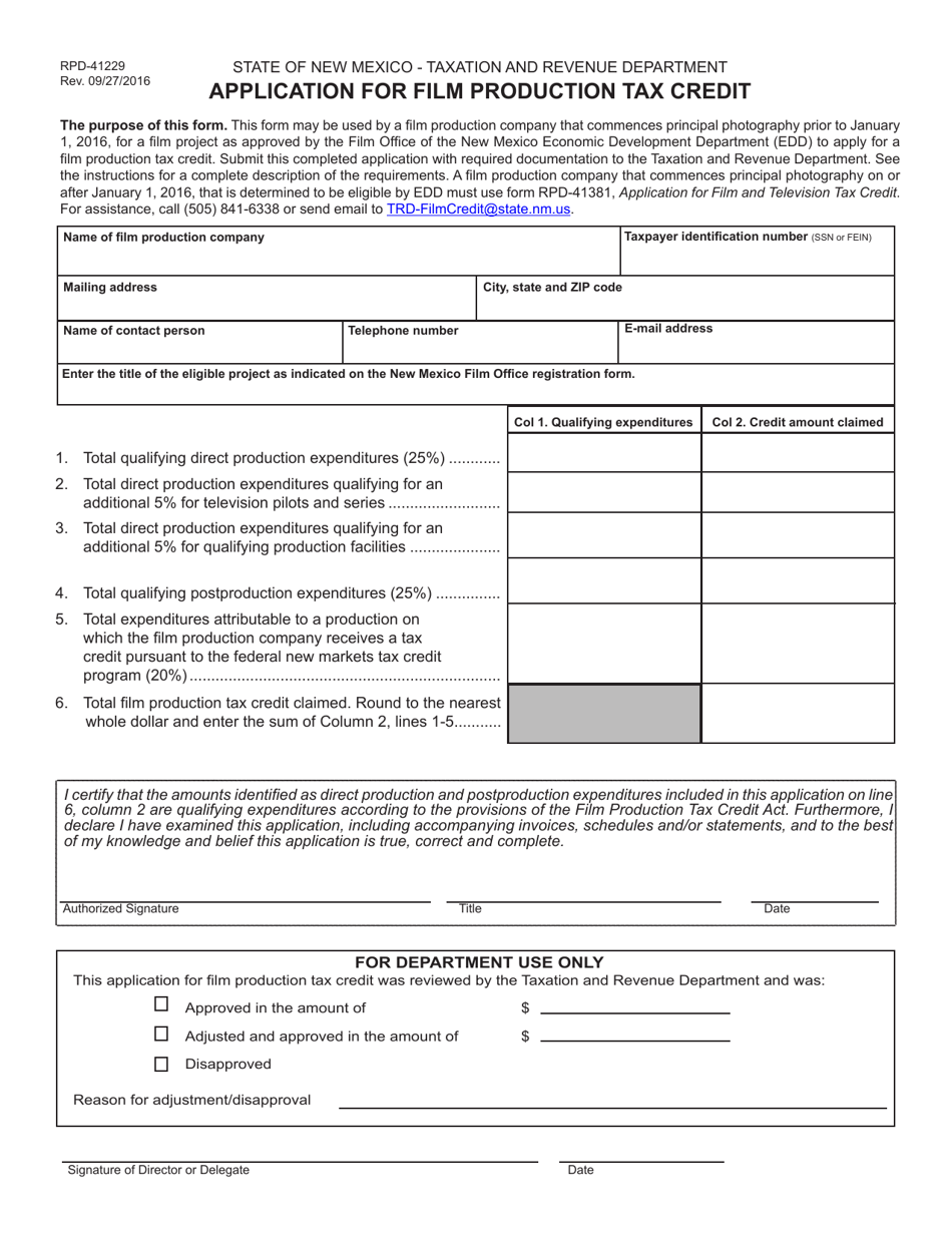 Form RPD-41229 Film Production Tax Credit Application (Productions Prior to January 1, 2016) - New Mexico, Page 1