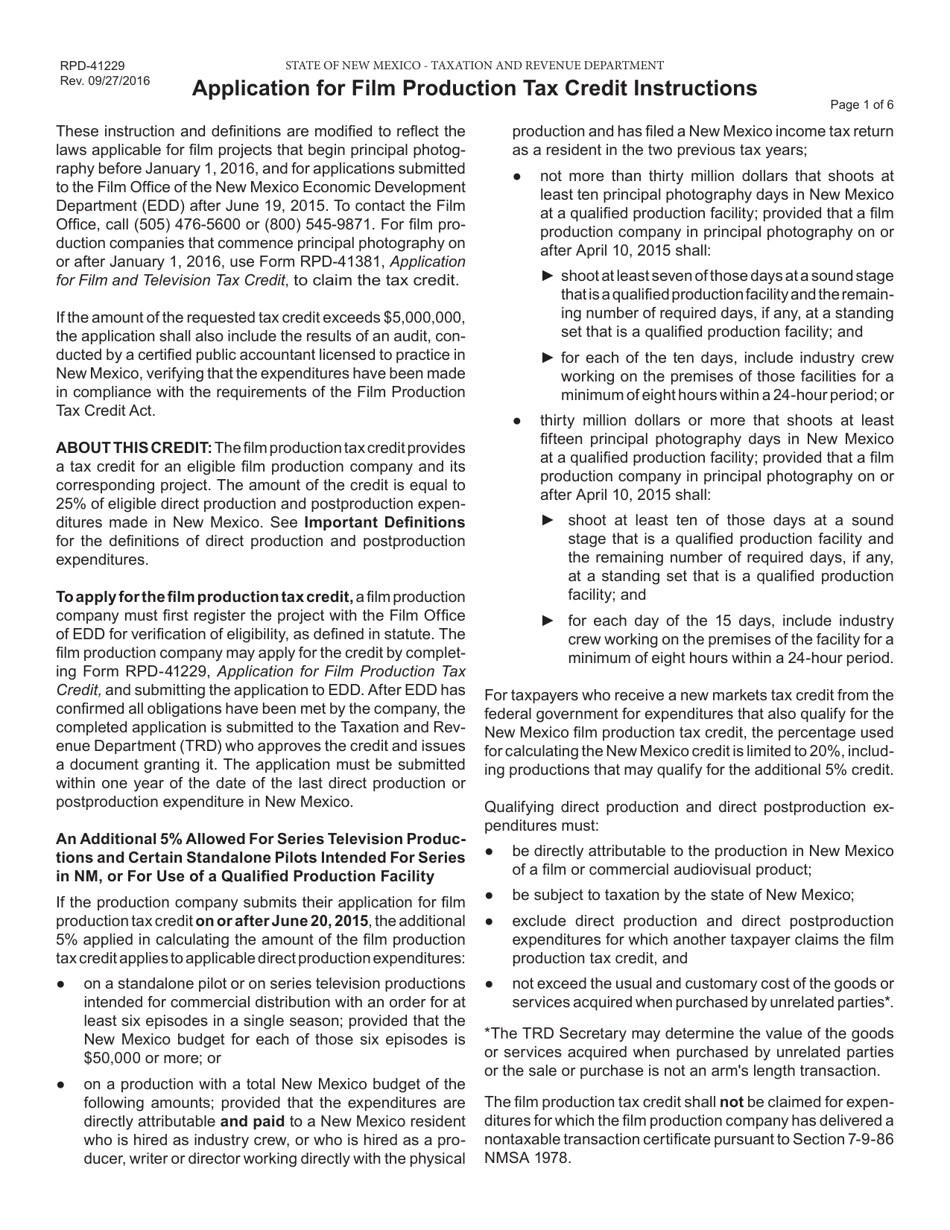 Form RPD-41229 Film Production Tax Credit Application (Productions Prior to January 1, 2016) - New Mexico, Page 2