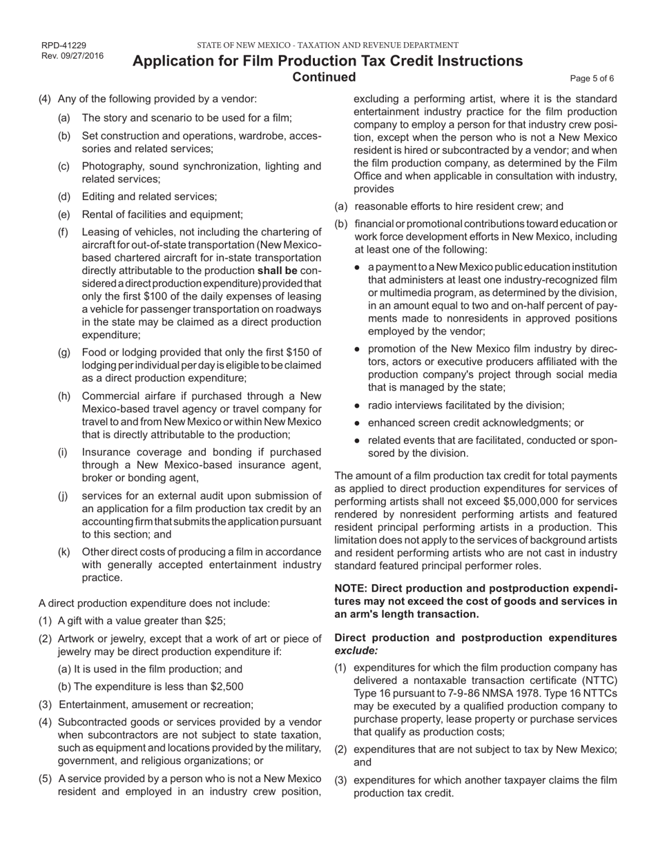 Form RPD-41229 Film Production Tax Credit Application (Productions Prior to January 1, 2016) - New Mexico, Page 6