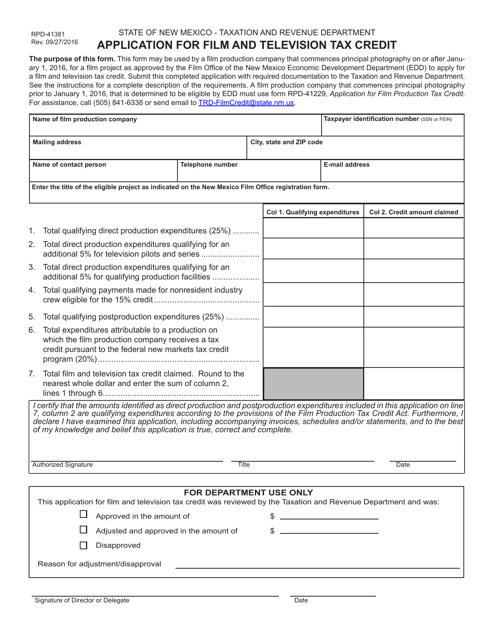 Form RPD-41381 Application for Film and Television Tax Credit (Productions Prior to July 1, 2019) - New Mexico