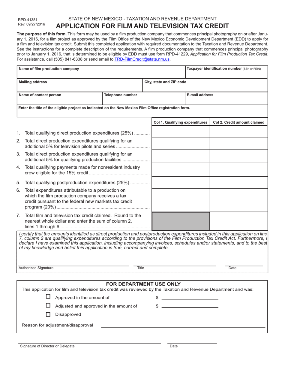 Form RPD-41381 Application for Film and Television Tax Credit (Productions Prior to July 1, 2019) - New Mexico, Page 1